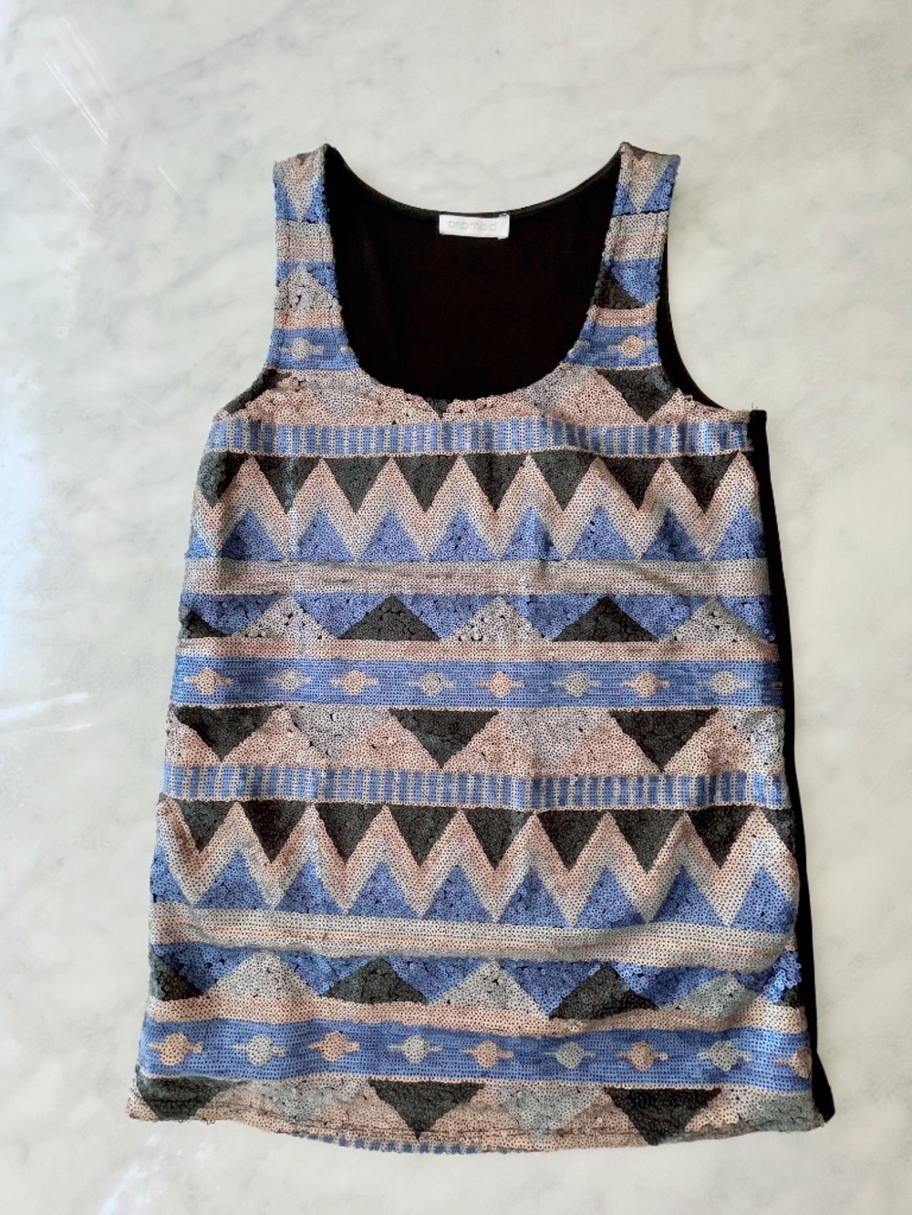 Promod Geometric Sequined Chevron Blue Gold Tank Top